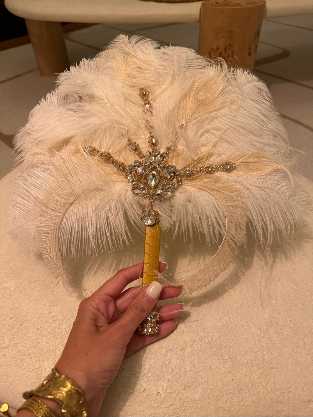 Feather Hand Fan with Crystal Accent - Cream
